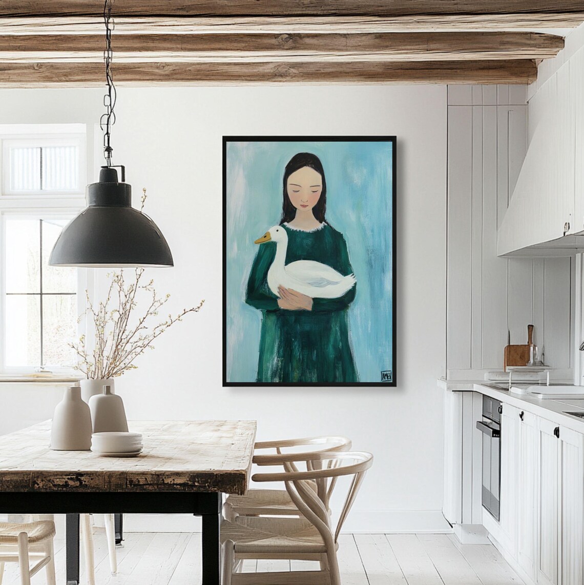 Girl in Green Dress Holding a White Duck Cozy Painting Art Poster