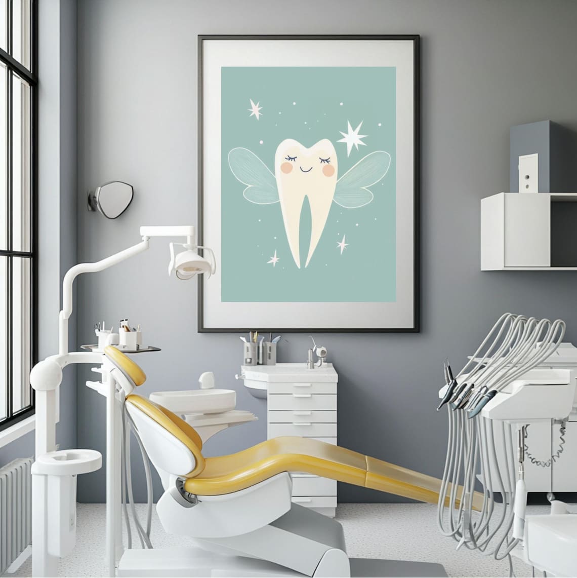 Cute Smiling Tooth Fairy with Wings on a Mint Background Poster