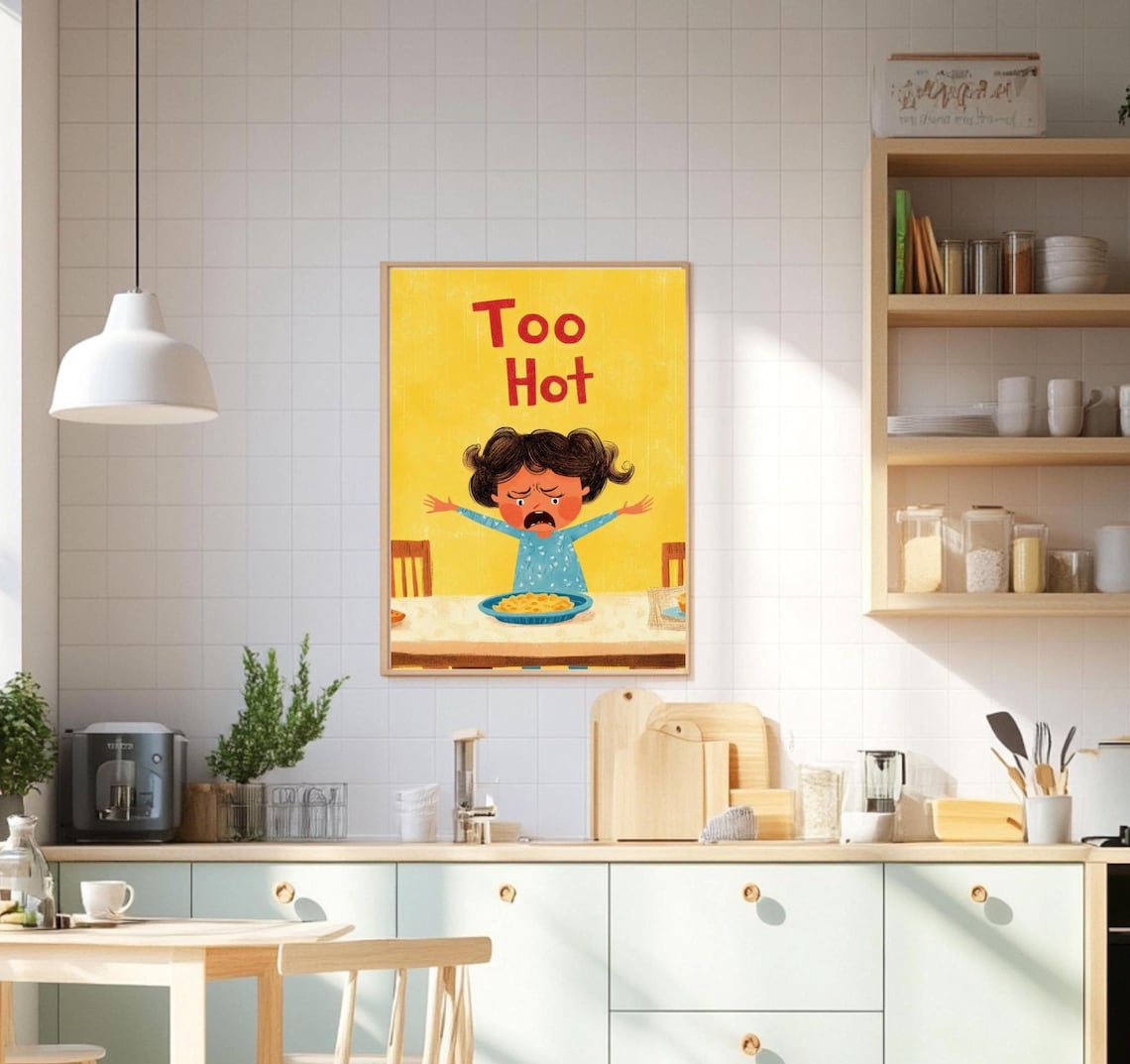 Too Hot Funny Little Girl Kitchen Food Illustration Art Poster
