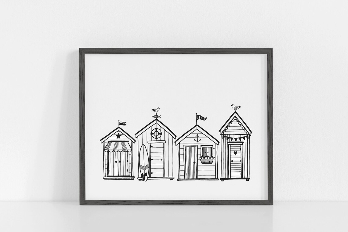 Beach Huts Black And White Line Art, Coastal Decor - Image 3