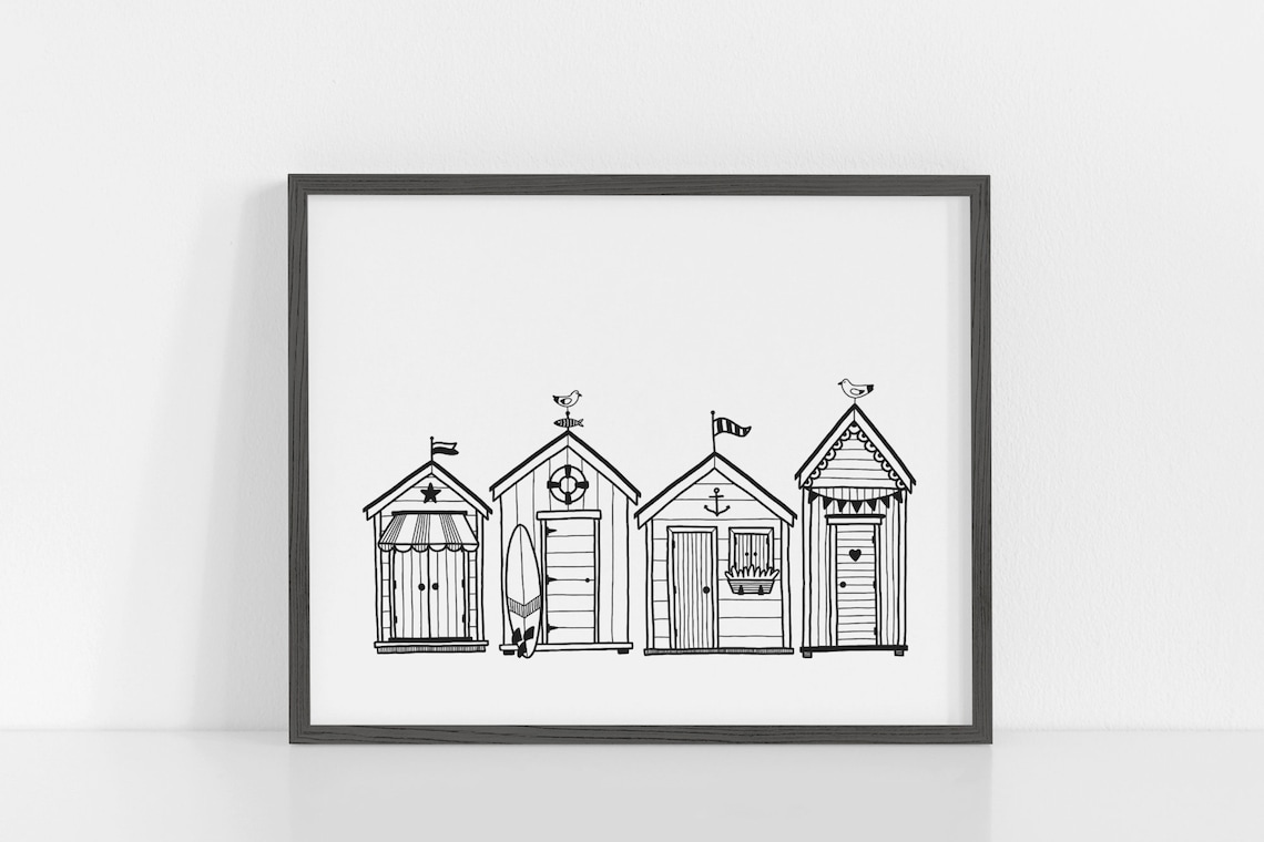 Beach Huts Black And White Line Art Poster - Image 3