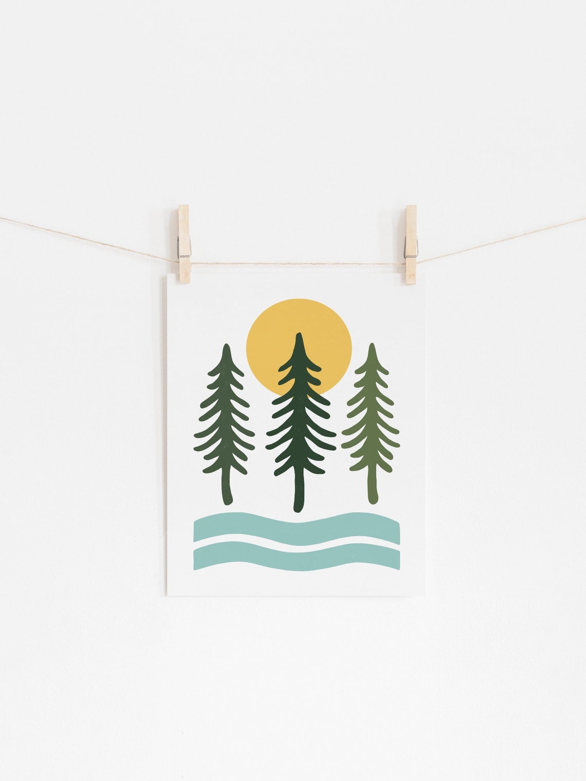 Minimalist Pine Forest Sunset Lake Waves Nature Scandi Poster - Image 2