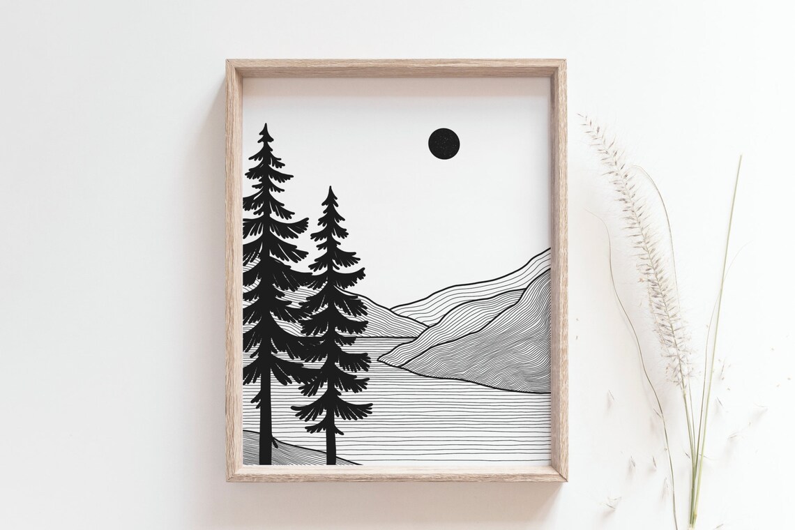 Sunset Over The Mountain Black And White Line Art Print - Image 2