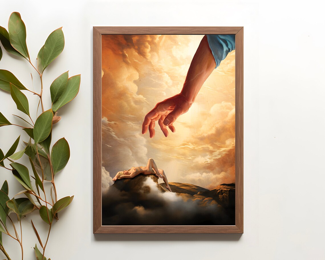 Heavens Touch Surreal Nude Woman Giant Hand Golden Clouds Poster