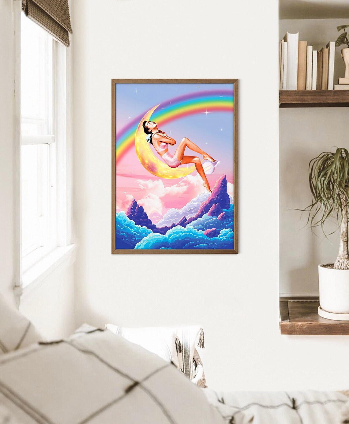 Happy Woman Retro Pinup Crescent Moon Rainbow Cosmic Dreams Poster