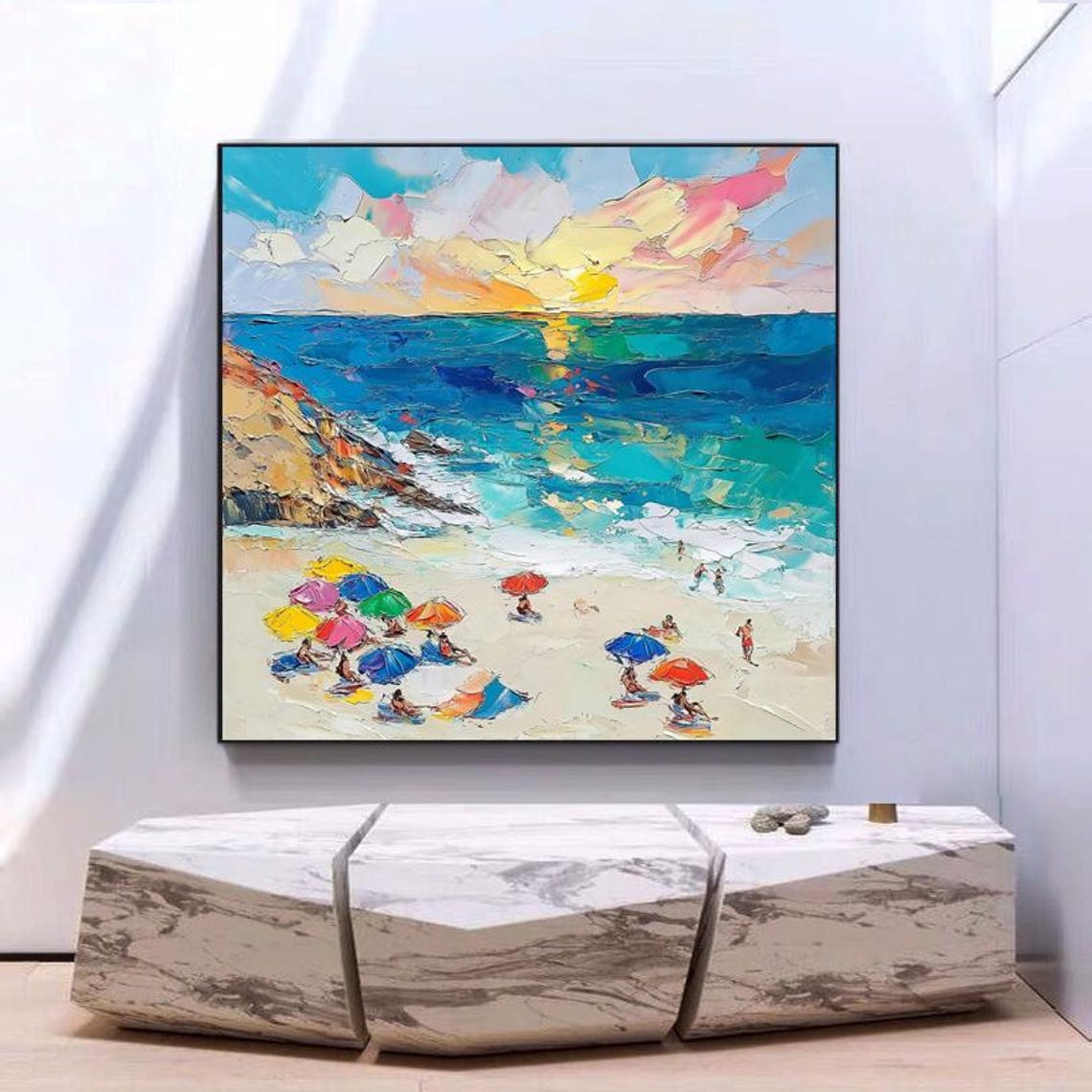 Colorful Beach Umbrellas at Sunset on a Turquoise Shore Square Poster - Image 6