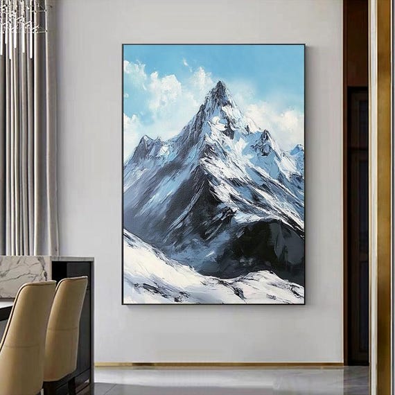 Hand Painted Abstract Oil Painting Snow Mountain Landscape Art Original Wall Art For Living Room Entryway Dining Room