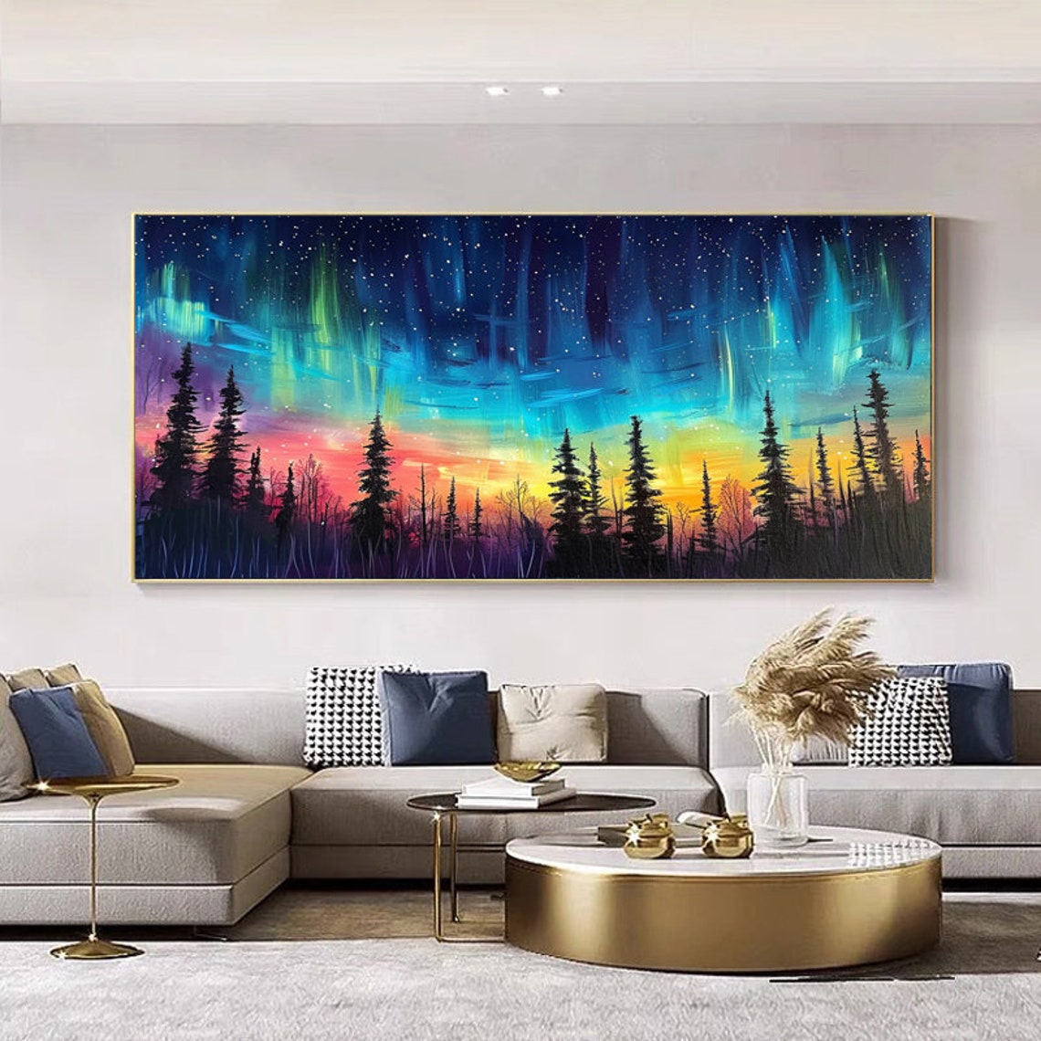 Northern Lights Over Pine Forest Starry Night Sky Painting Poster - Image 6