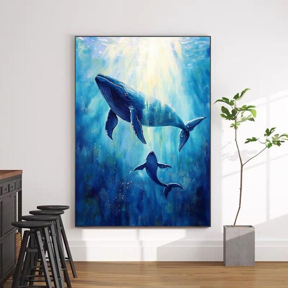 Two Blue Whales Swimming In Sunlit Deep Blue Ocean Vertical Art Poster