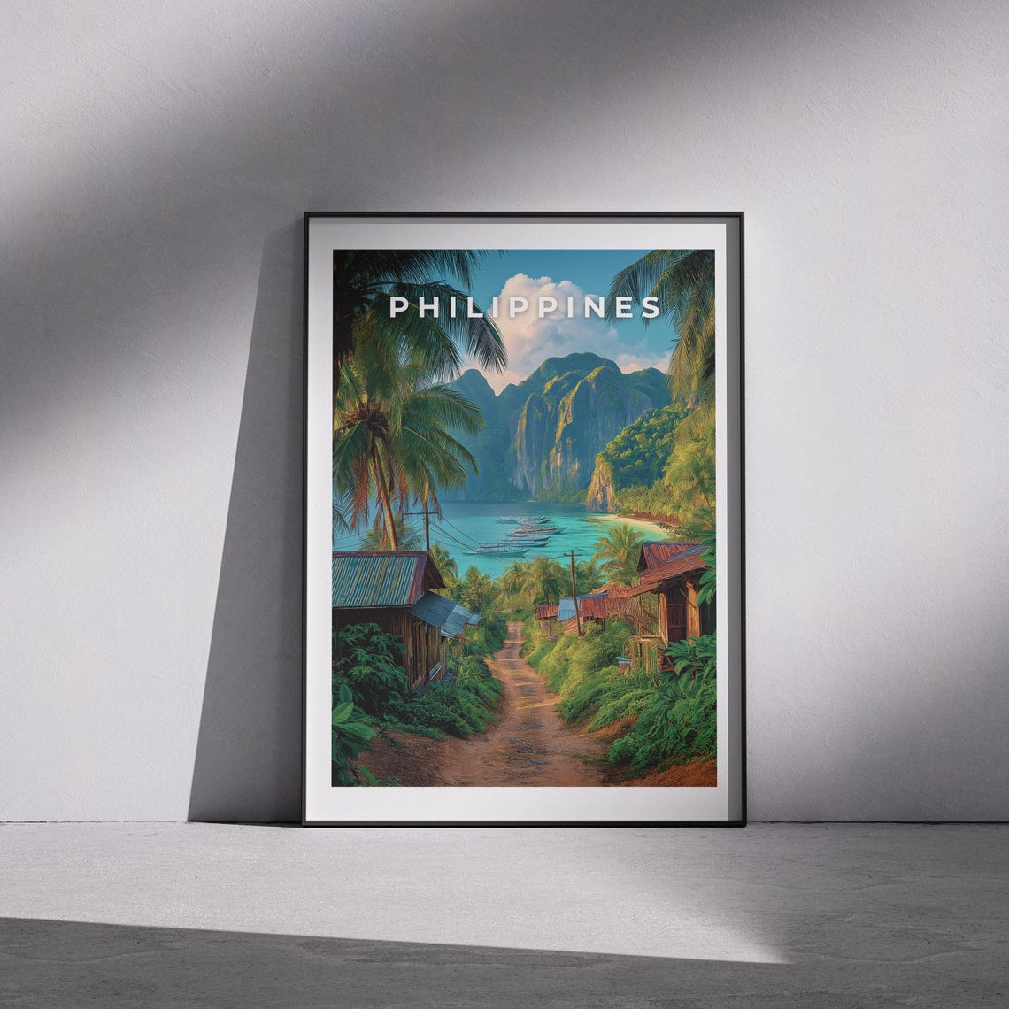 Philippines Island Bay Village Palms Limestone Cliffs Travel Poster