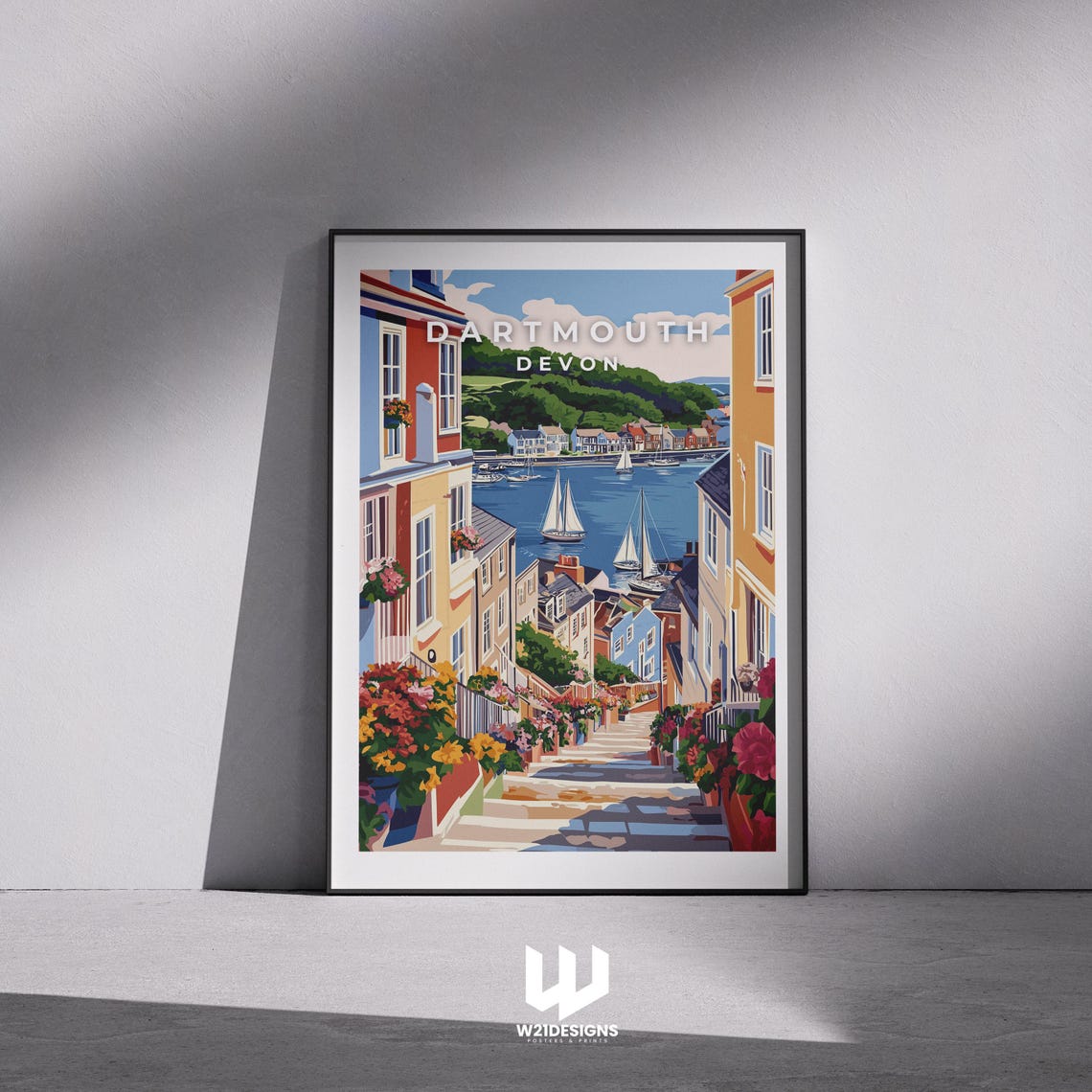 Dartmouth Devon Harbor Steps Sailing Boats Illustration Poster