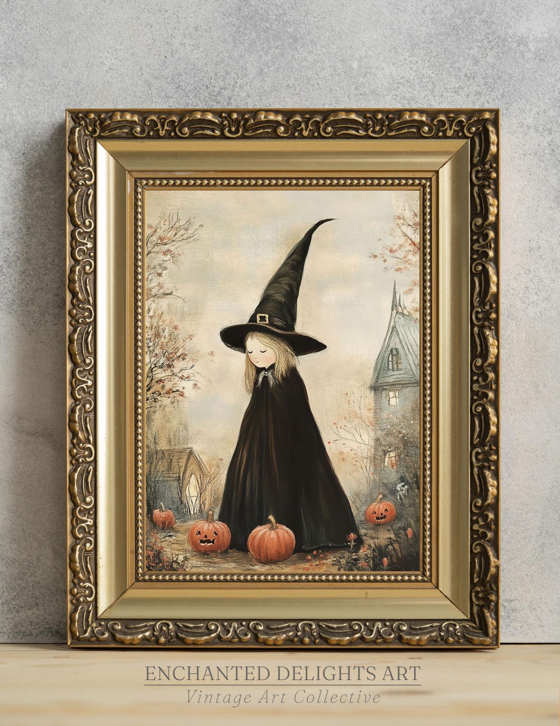 Cute Witch Pumpkin Patch Vintage Halloween Nursery Art Poster