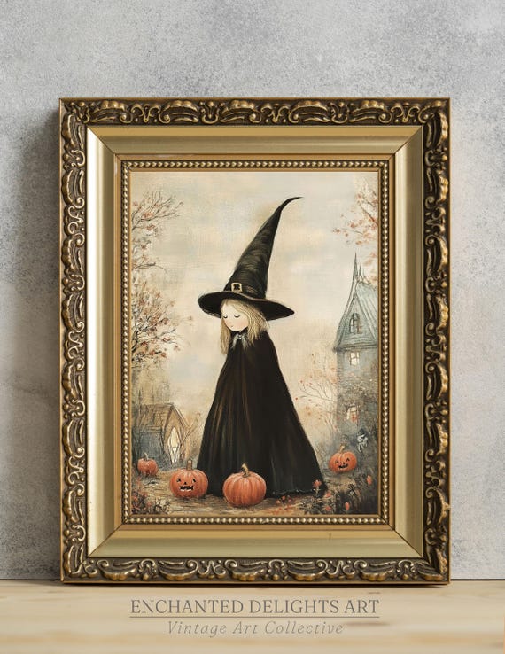 Witch In A Pumpkin Patch Vintage Halloween Art Cozy Nursery Painting Print