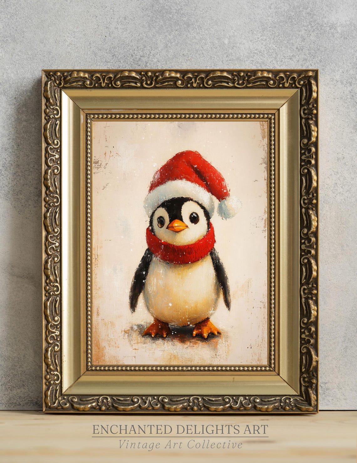 Cute Penguin Santa Hat Red Scarf Vintage Christmas Painting Poster