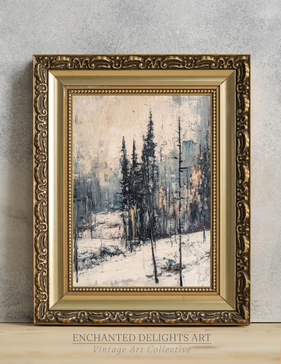 Rustic Winter Forest Painting Wall Art Christmas Textured Decor Vintage Abstract Poster Print