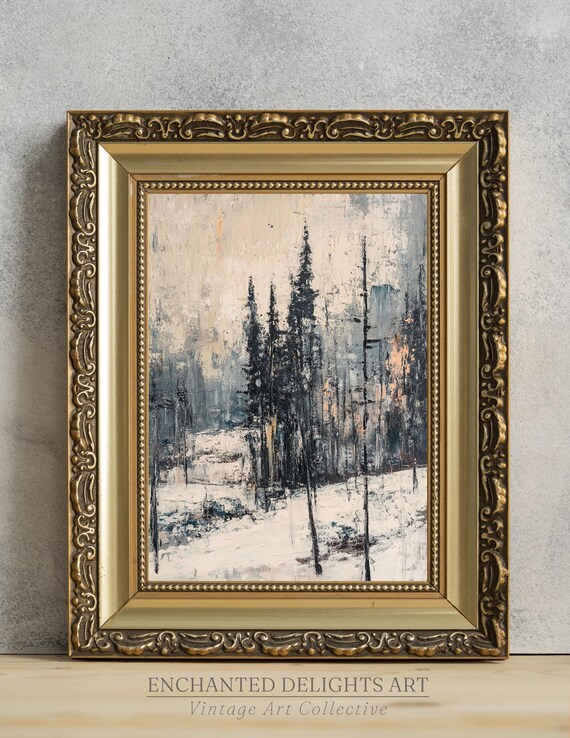 Rustic Winter Forest Snow Evergreen Trees Vintage Painting Poster