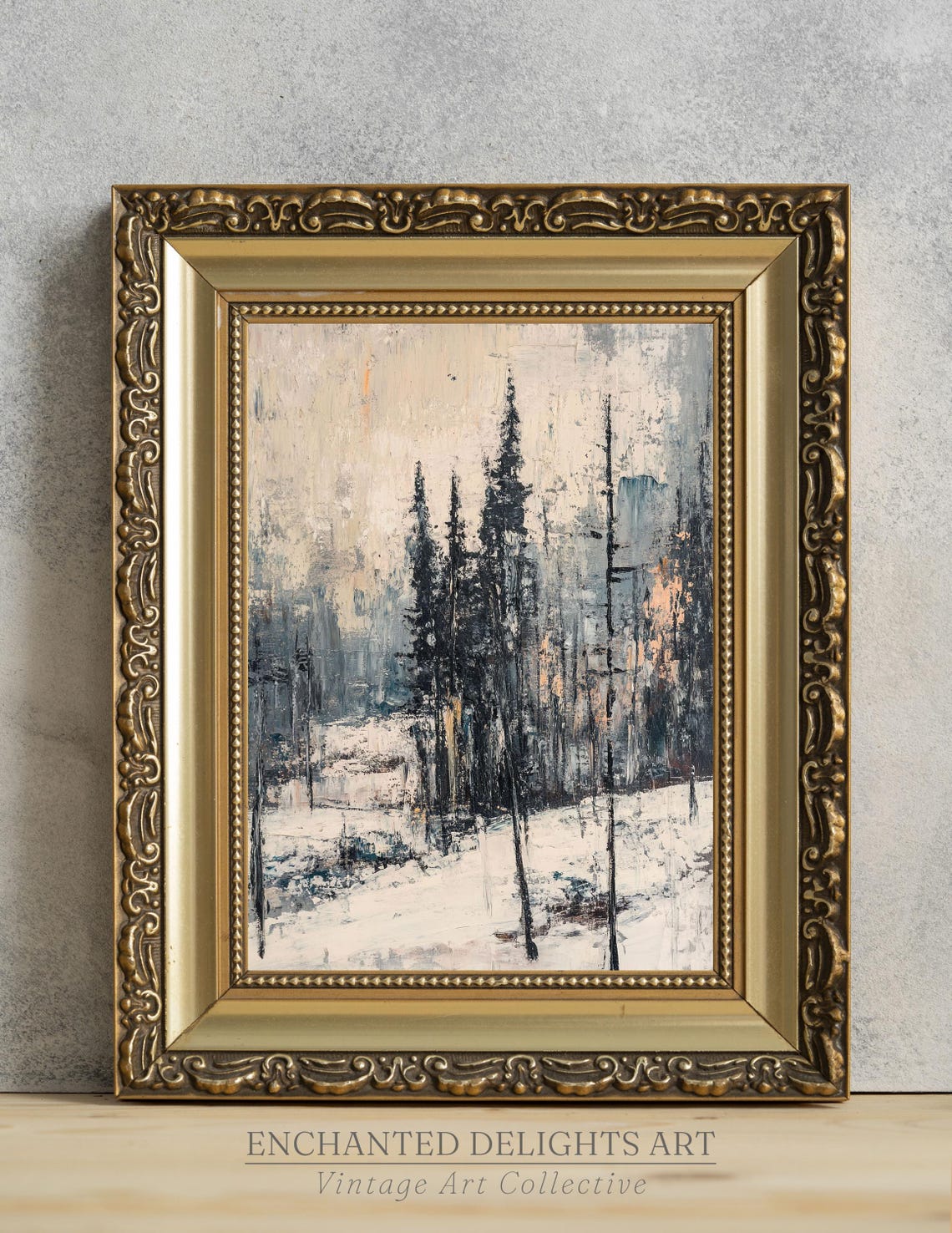 Rustic Winter Forest Painting Wall Art Christmas Textured Decor Vintage Abstract Poster Print