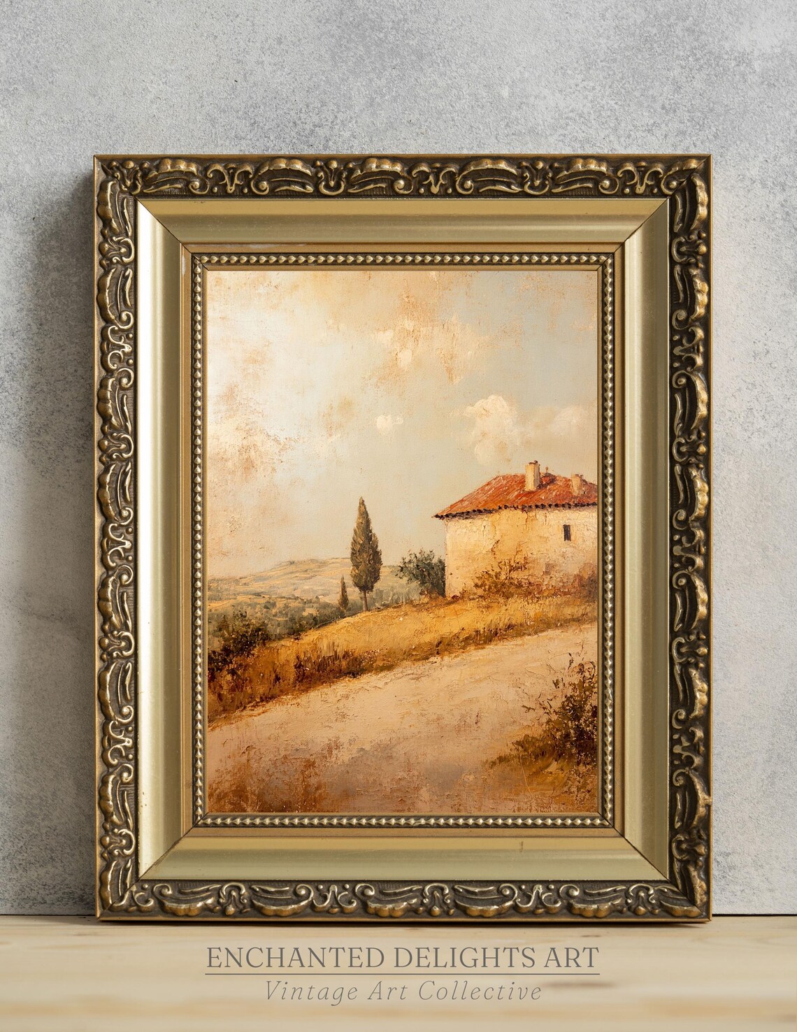 Tuscan Farmhouse Cypress Golden Field Vintage Countryside Painting Poster