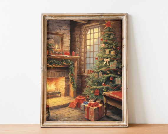Vintage Christmas Fireplace And Tree Cozy Oil Painting Style Poster