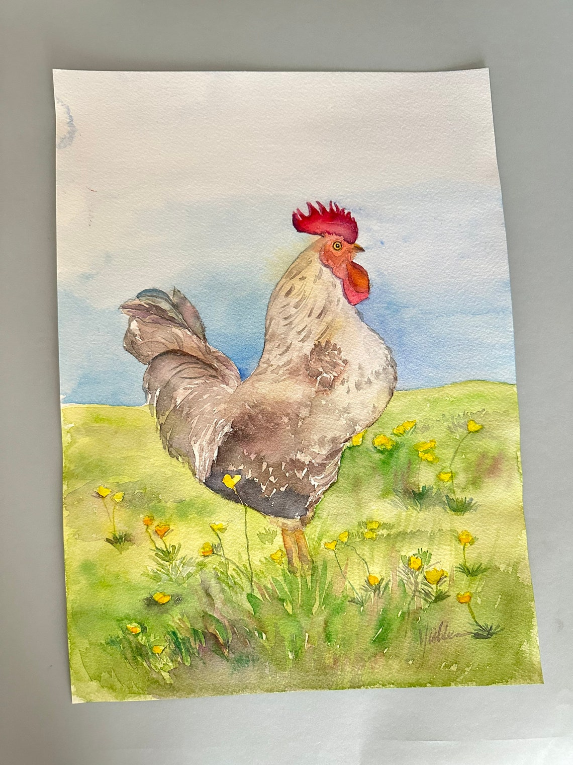 Proud Rooster in a Sunlit Wildflower Meadow Watercolor Poster - Image 5