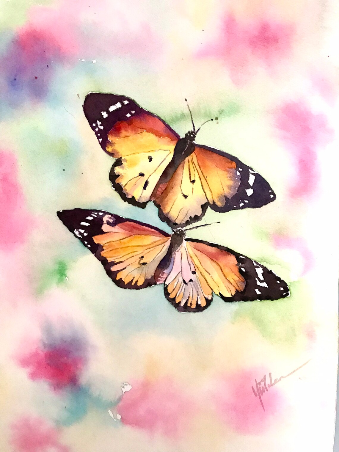 Pair of Monarch Butterflies on a Pastel Wash Watercolor Poster - Image 5