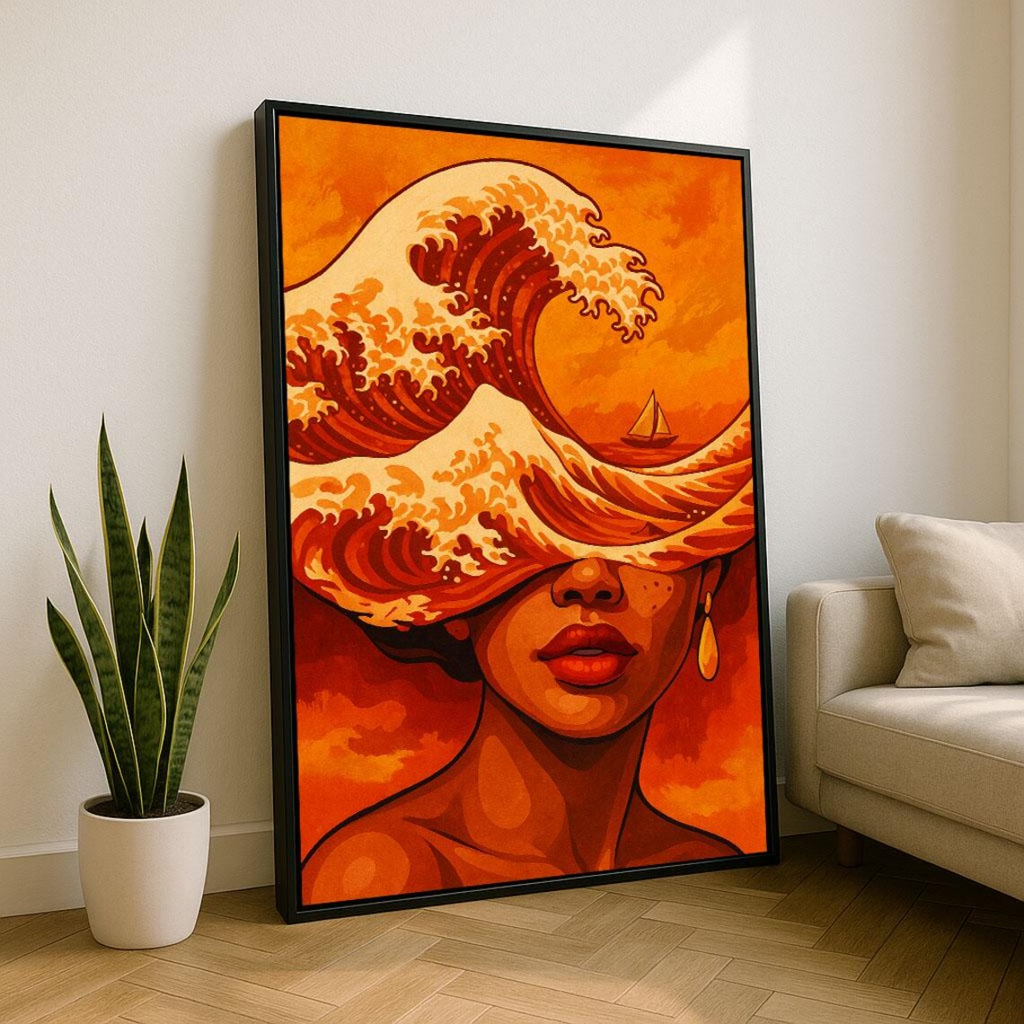 Orange Great Wave Woman Sunset Surreal Japanese Style Art Poster