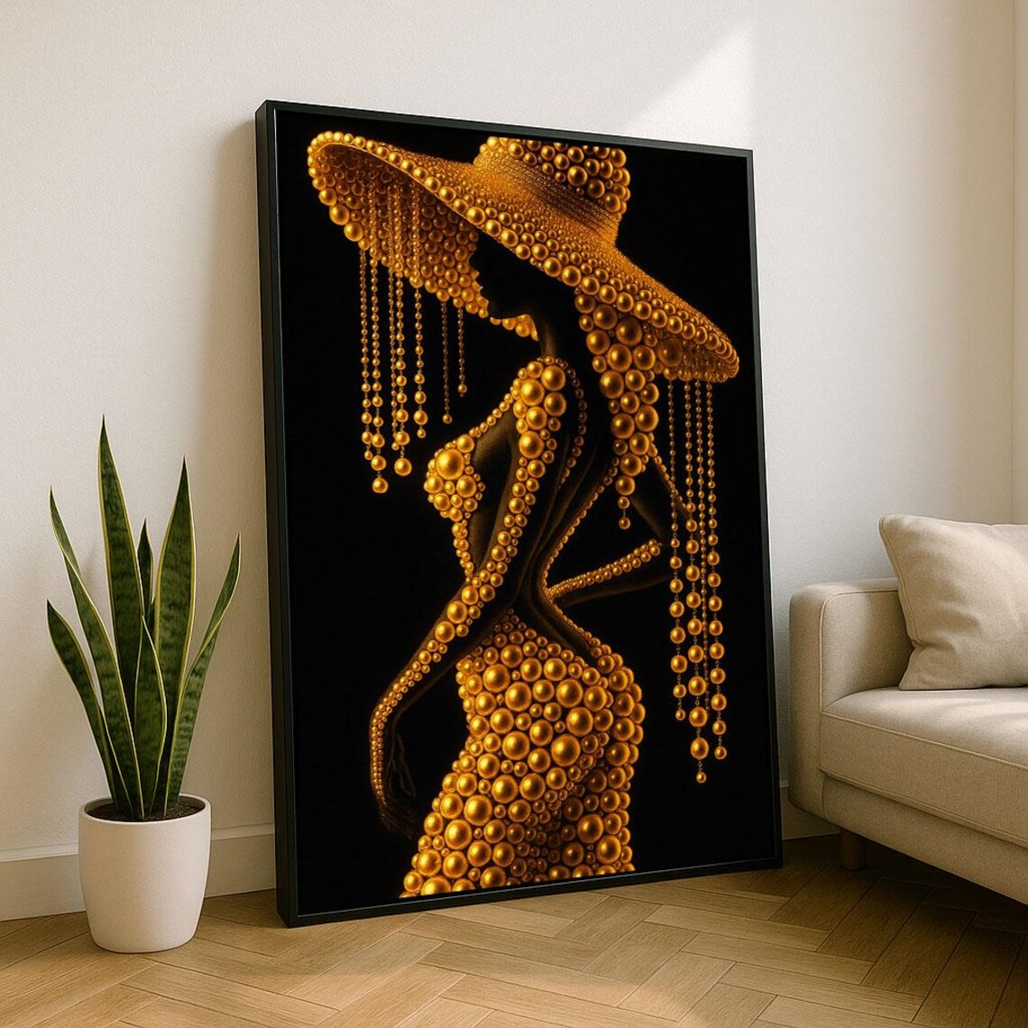 Luxurious Golden Woman Silhouette Beaded Gown Black Art Poster
