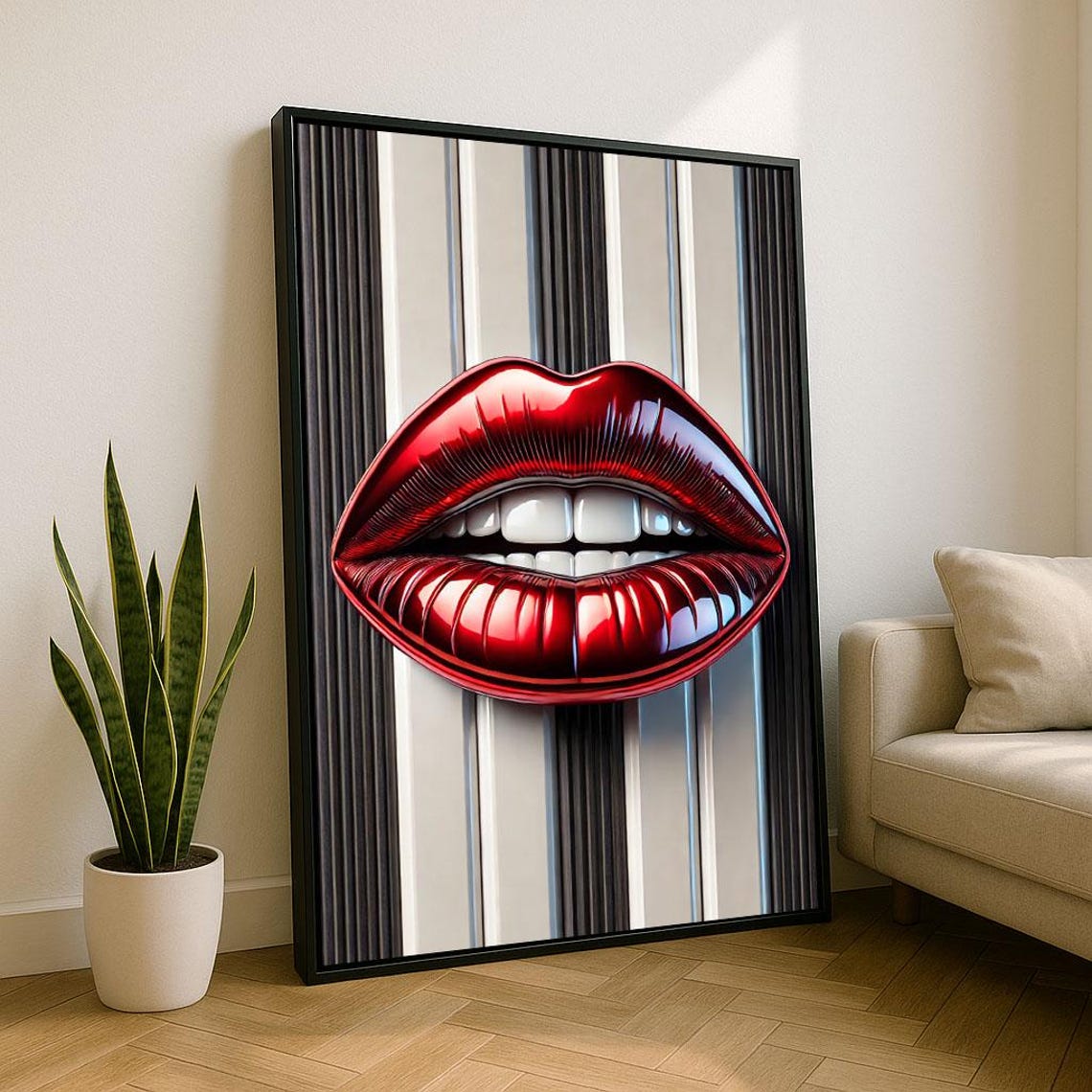 Red Biting Lips Cream Stripes Bold Glamorous Pop Art Mouth Poster