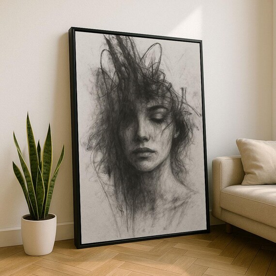 Elegant Charcoal Woman Portrait Canvas Wall Art Print Minimalist Bedroom Decor Statement Piece