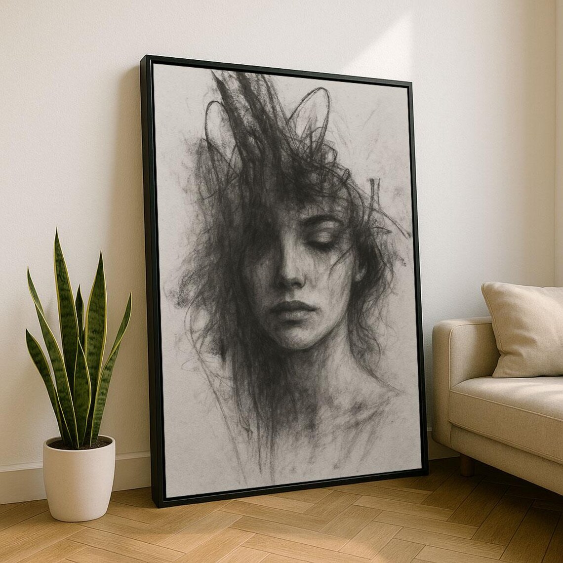 Elegant Charcoal Woman Portrait Canvas Wall Art Print Minimalist Bedroom Decor Statement Piece