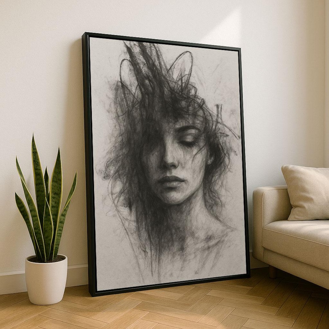 Expressive Charcoal Sketch Portrait of Woman with Wild Flowing Hair Poster