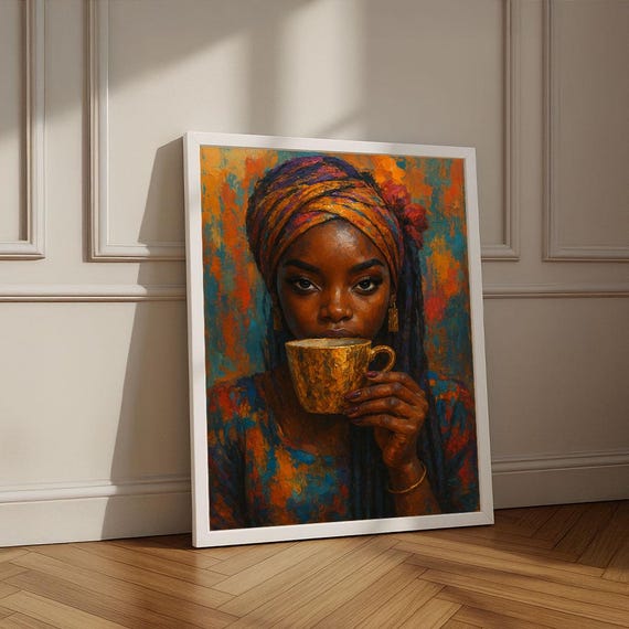 Bold African Woman With Coffee Canvas Wall Art Print Vibrant Living Room Decor Statement Piece