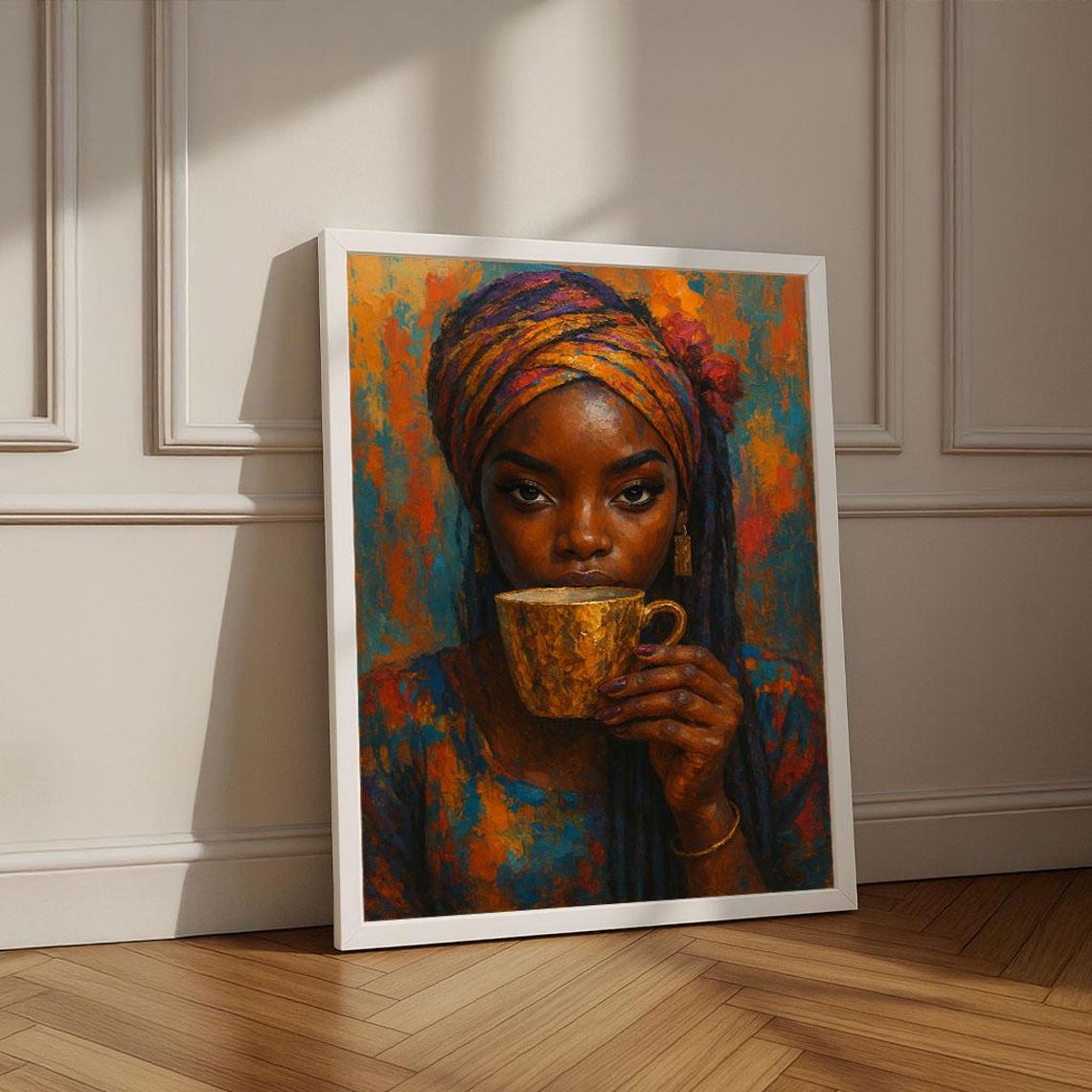 African Woman Golden Cup Headwrap Colorful Painterly Portrait Poster