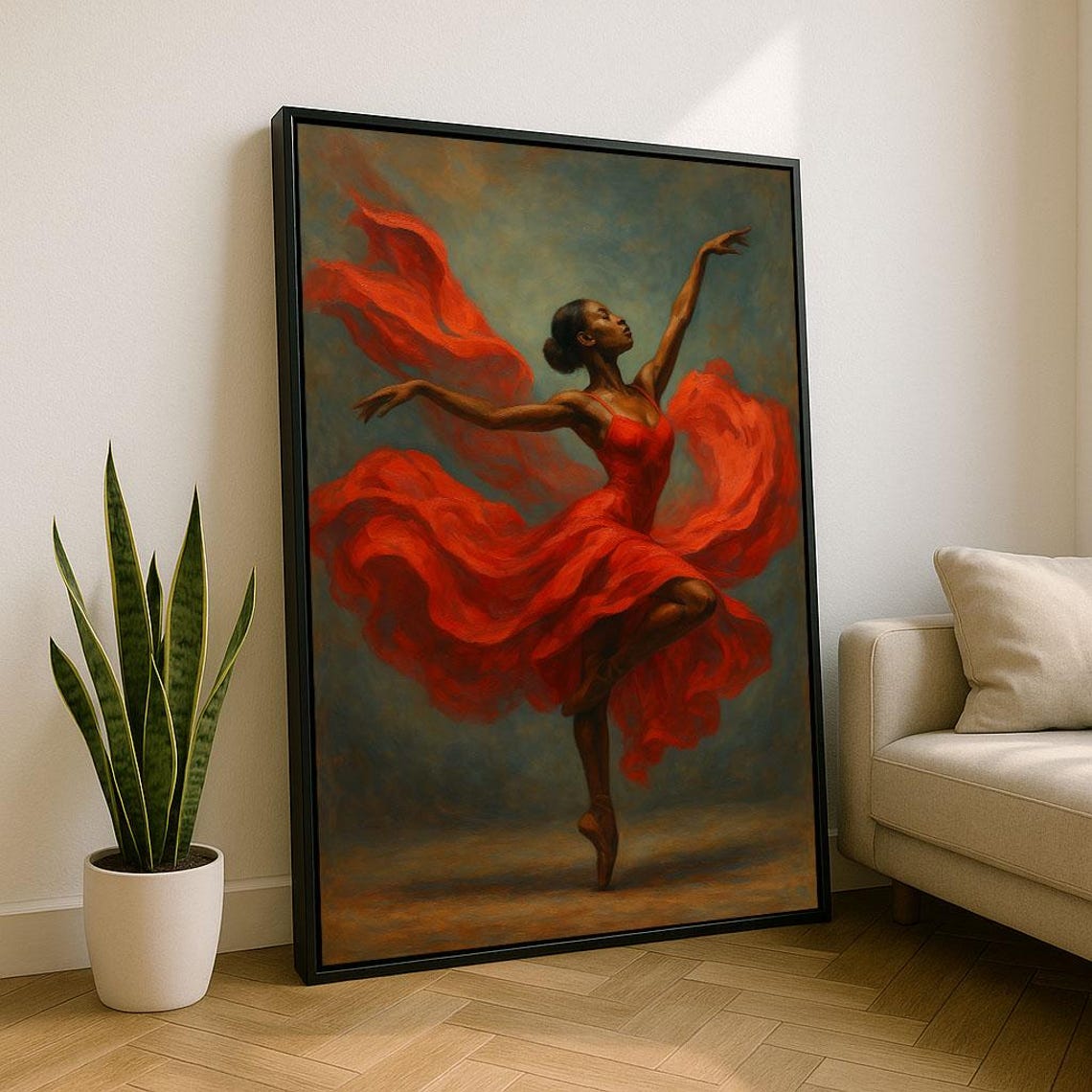 Graceful Ballet Dancer in Flowing Red Dress Dramatic Art Poster
