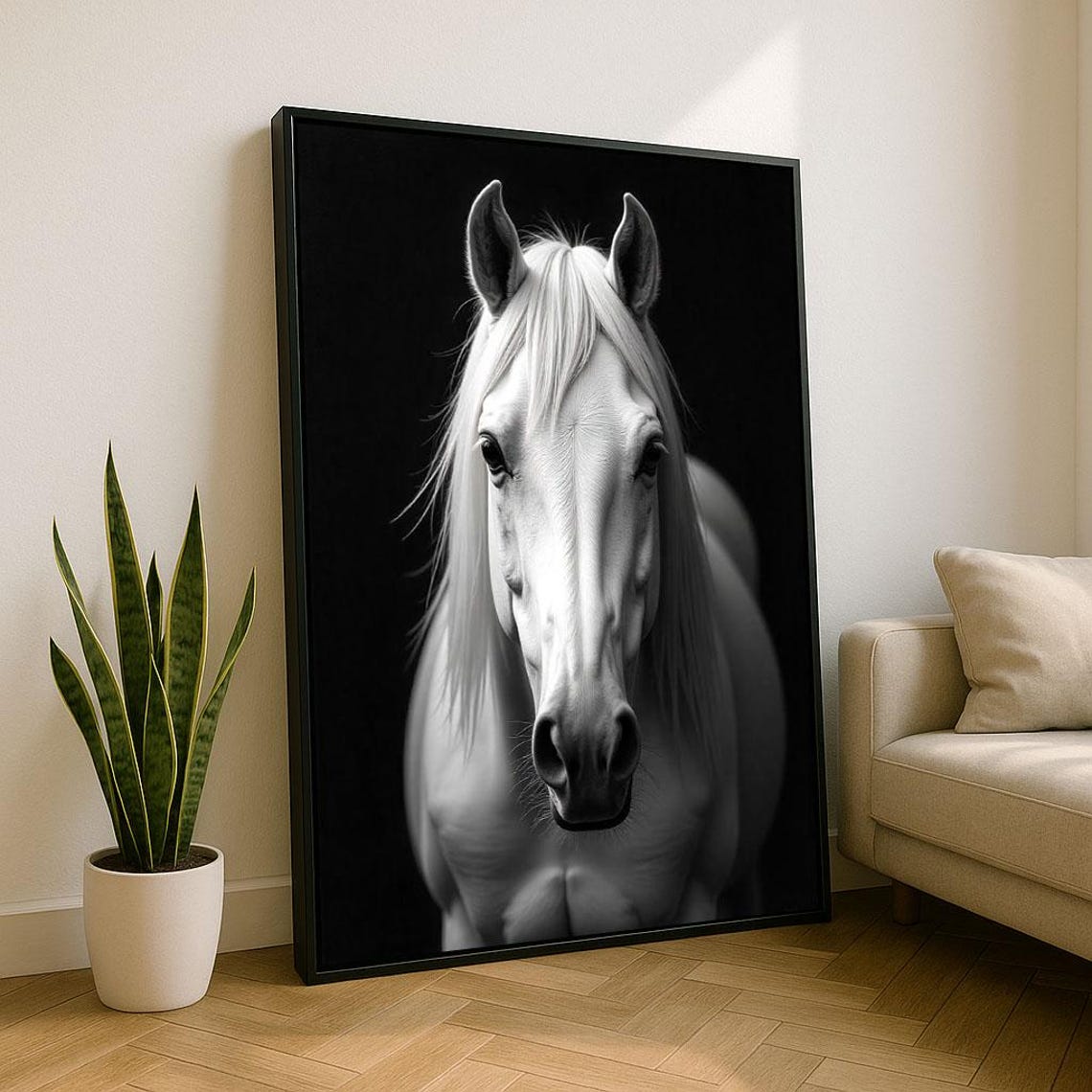 White Horse Head Portrait Dramatic Black Background Wall Art