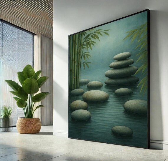 Zen Stones in Green Water with Bamboo Calm Nature Meditation Wall Poster