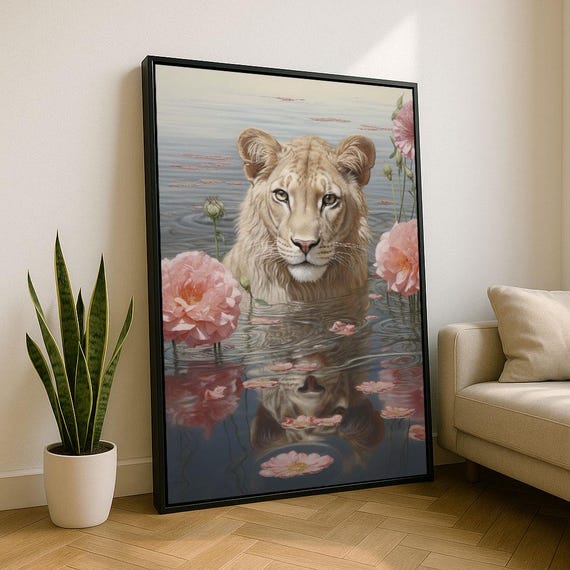 Elegant Lion In Water Canvas Wall Art Print Floral Living Room Decor Statement Piece