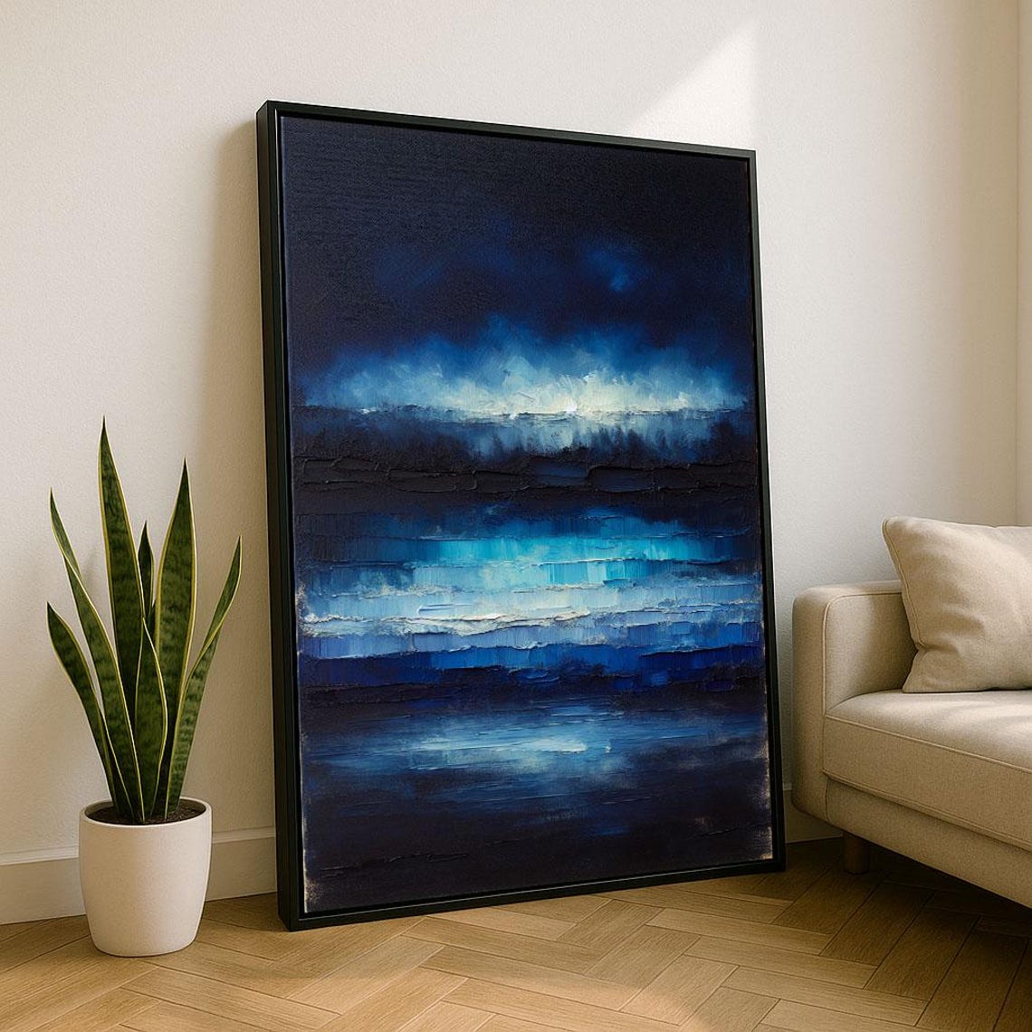 Midnight Blue Abstract Seascape Horizontal Bands Textured Night Poster