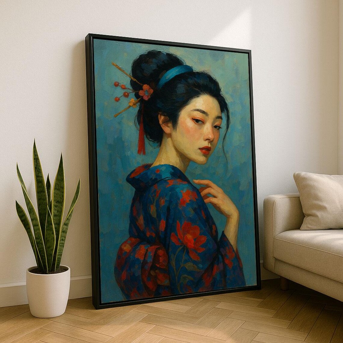 Japanese Woman in Blue Floral Kimono Elegant Teal Art Poster