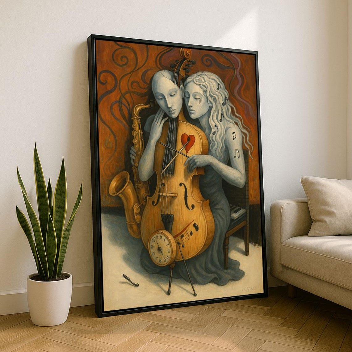 Surreal Music Lovers Embracing Cello Heart Saxophone Art Poster