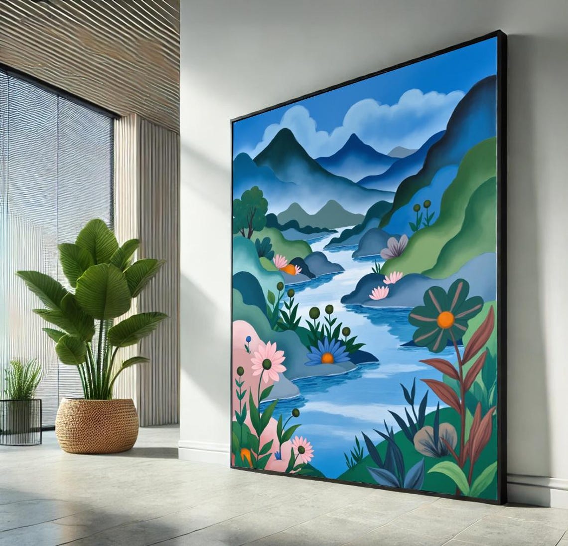 Colorful Lake Landscape Mountains Flowers Naive Modern Art Poster