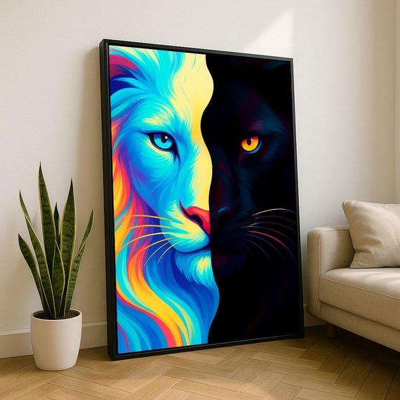 Vibrant Lion And Panther Canvas Wall Art Print Modern Living Room Decor Statement Piece