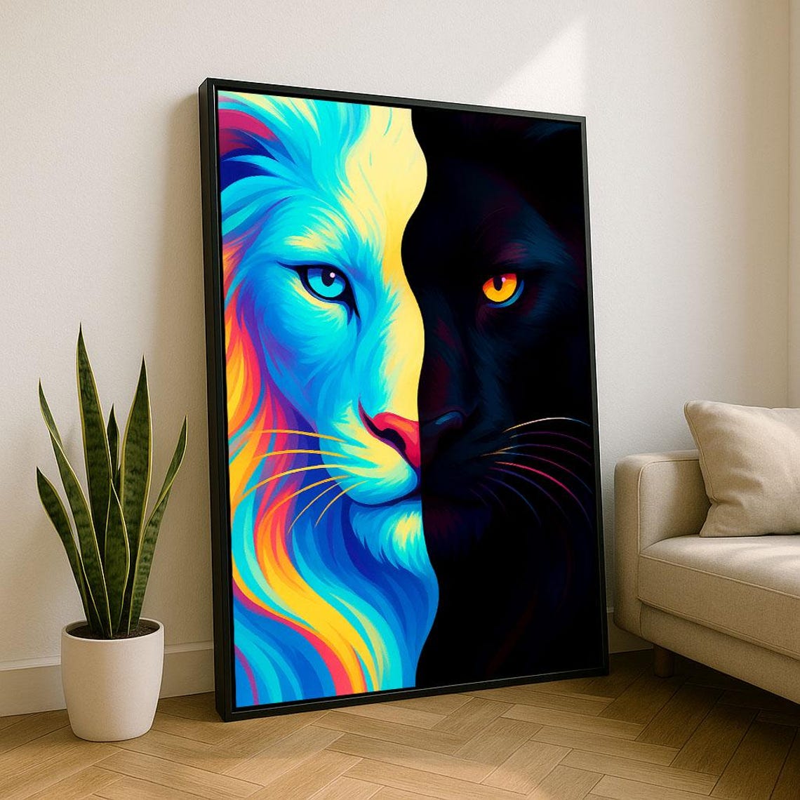 Vibrant Lion And Panther Canvas Wall Art Print Modern Living Room Decor Statement Piece