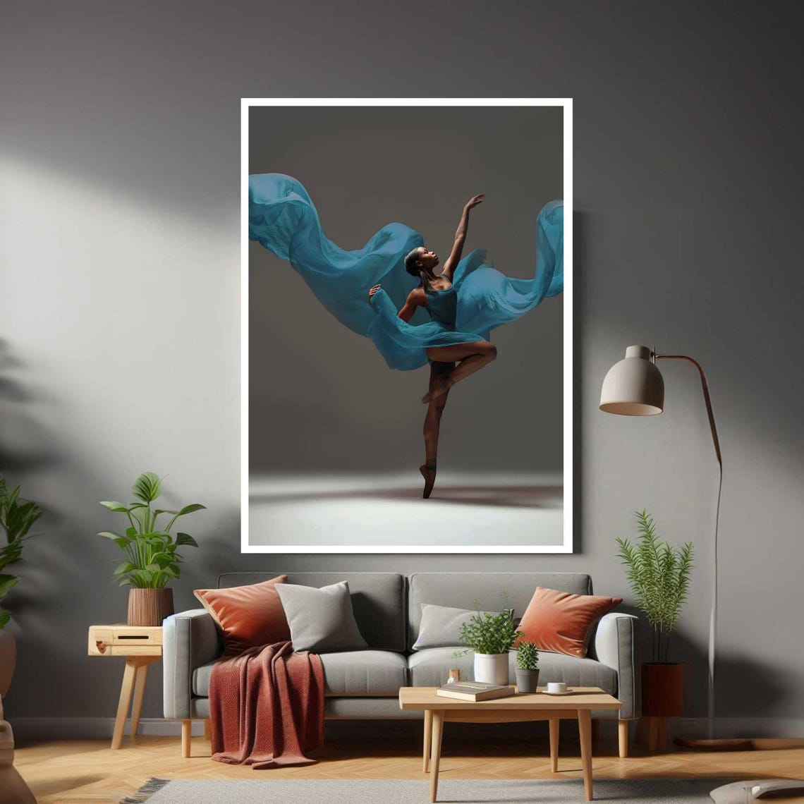 Ballerina Dancer Blue Fabric Leaping Graceful Movement Art Photo Print