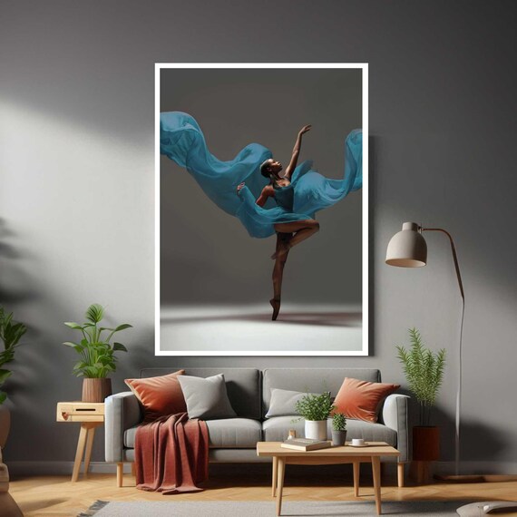 Ballerina Dancer Blue Fabric Leaping Graceful Movement Art Photo Print