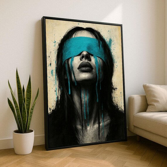 Captivating Blindfolded Woman Blue Tears Teal Modern Art Poster