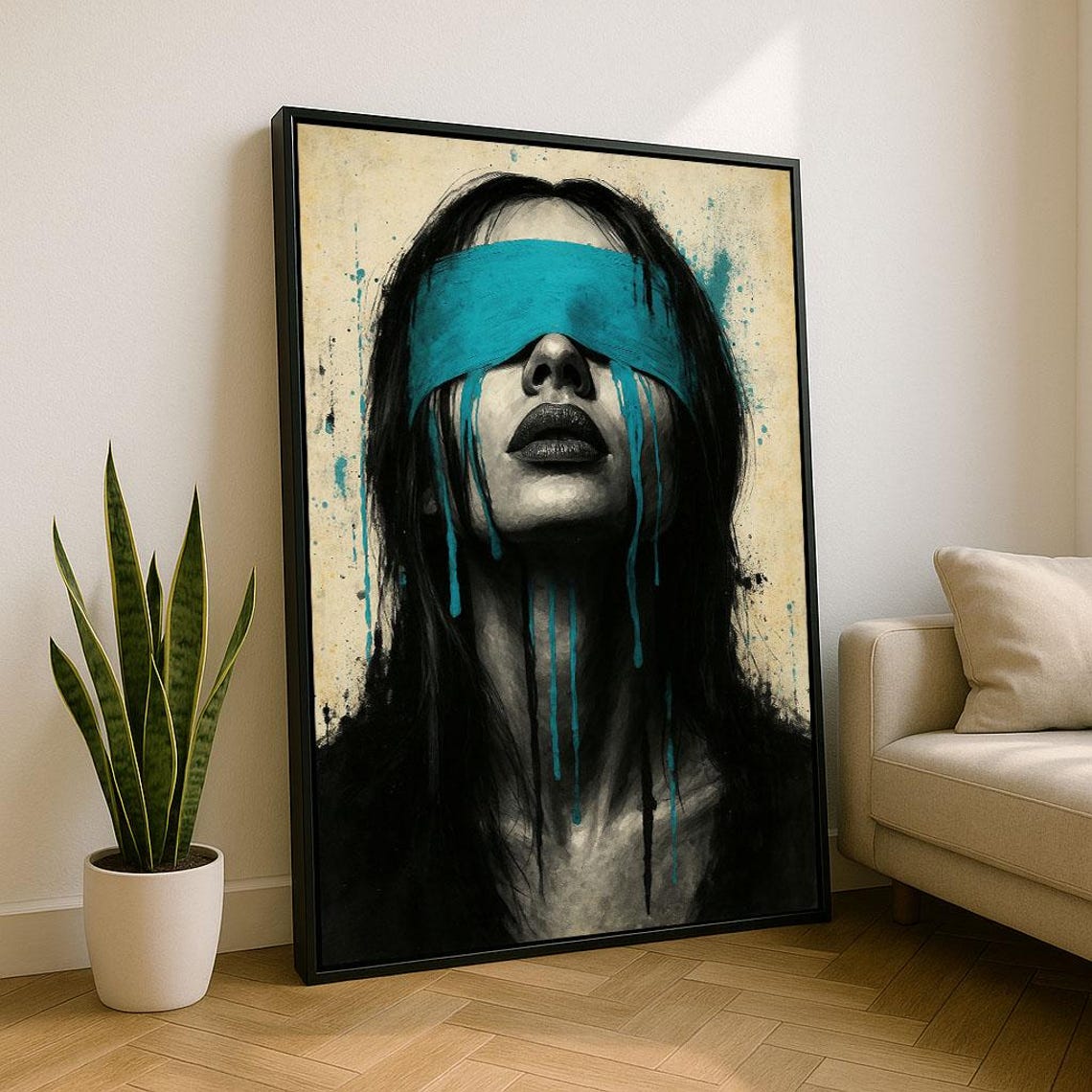 Captivating Blindfolded Woman Blue Tears Teal Modern Art Poster