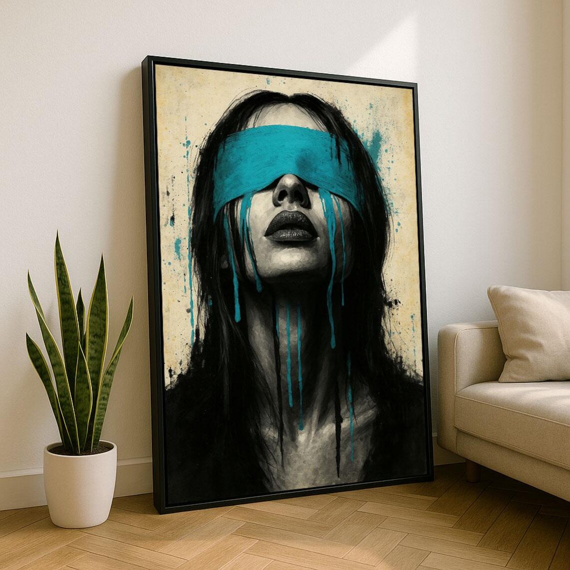 Captivating Woman With Blue Blindfold Canvas Wall Art Print Modern Living Room Decor Statement Piece