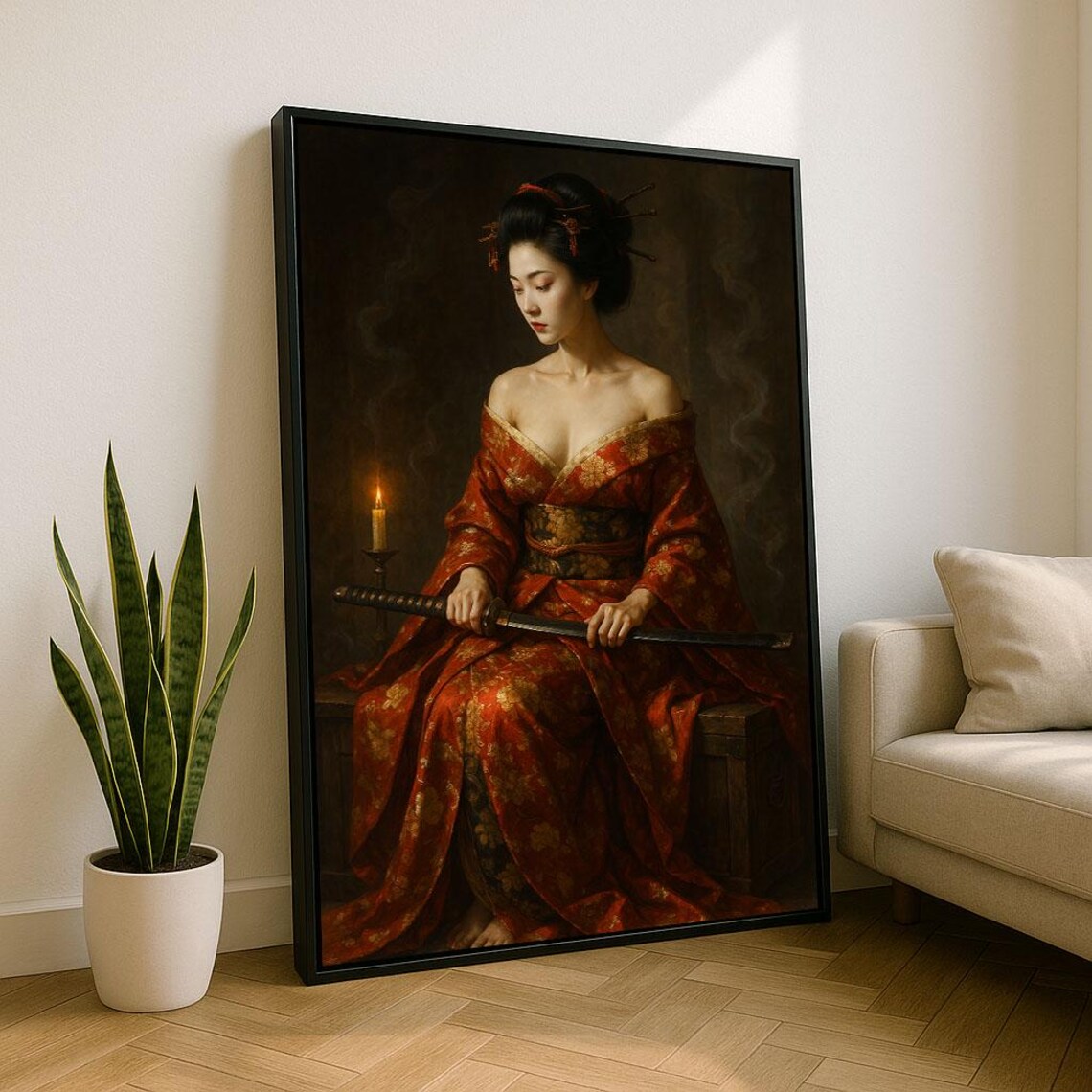 Elegant Geisha With Katana Candlelight Red Kimono Japanese Art Poster