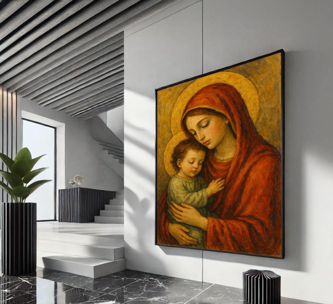 Serene Virgin Mary and Child Red Cloak Warm Gold Icon Poster